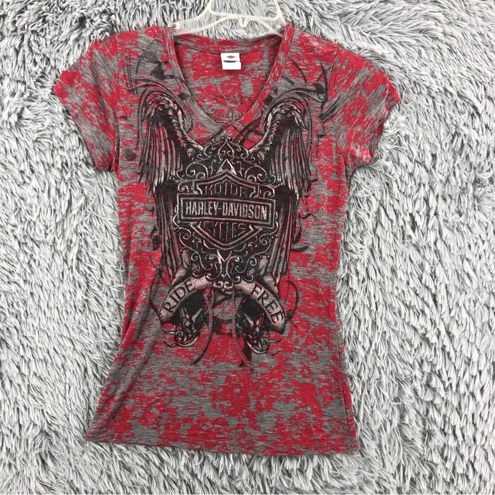 Harley Davidson Shirt Womens Small Spellout Wing Burnout Vneck Shirt